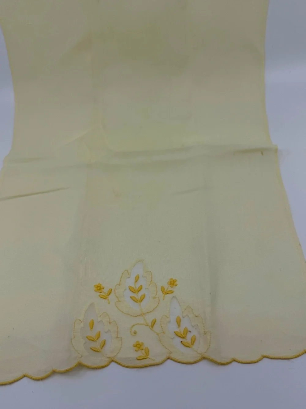 Pair Vintage Embroidered Pale Yellow Madeira Linen & Organza Fingertip Towels